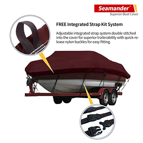 Seamander Waterproof Boat Cover, Solution-Dyed Yarn Marine Grade Cover Fits 12' to 14' ft Bass, V-Hull, Tri-Hull, Fish & Ski, Runabout Bowrider Boats - Heavy Duty Canvas Burgundy - Image 5