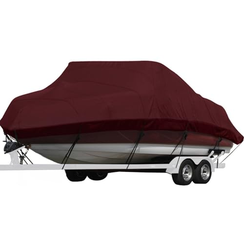 Seamander Waterproof Boat Cover, Solution-Dyed Yarn Marine Grade Cover Fits 12' to 14' ft Bass, V-Hull, Tri-Hull, Fish & Ski, Runabout Bowrider Boats - Heavy Duty Canvas Burgundy - Image 1