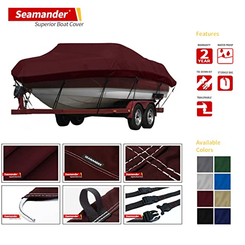 Seamander Waterproof Boat Cover, Solution-Dyed Yarn Marine Grade Cover Fits 12' to 14' ft Bass, V-Hull, Tri-Hull, Fish & Ski, Runabout Bowrider Boats - Heavy Duty Canvas Burgundy - Image 2