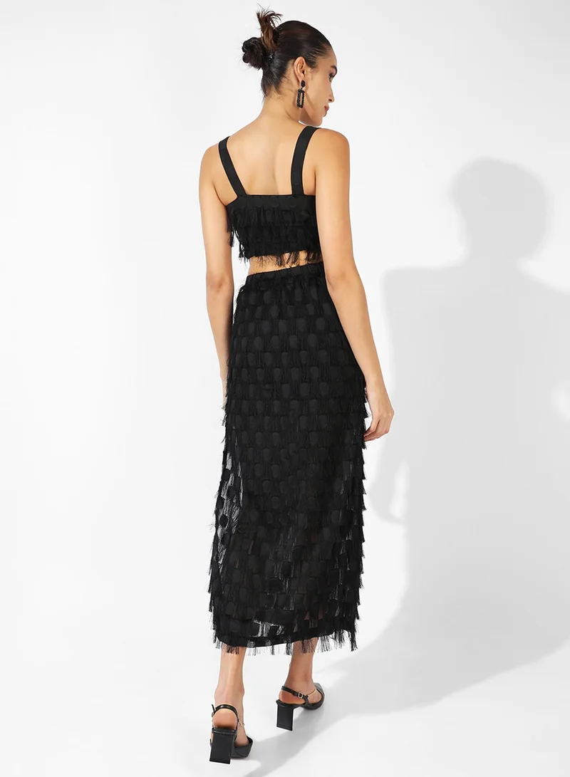PINACOLADA Women's Midnight Black Fringe Co-Ord Set With Slit