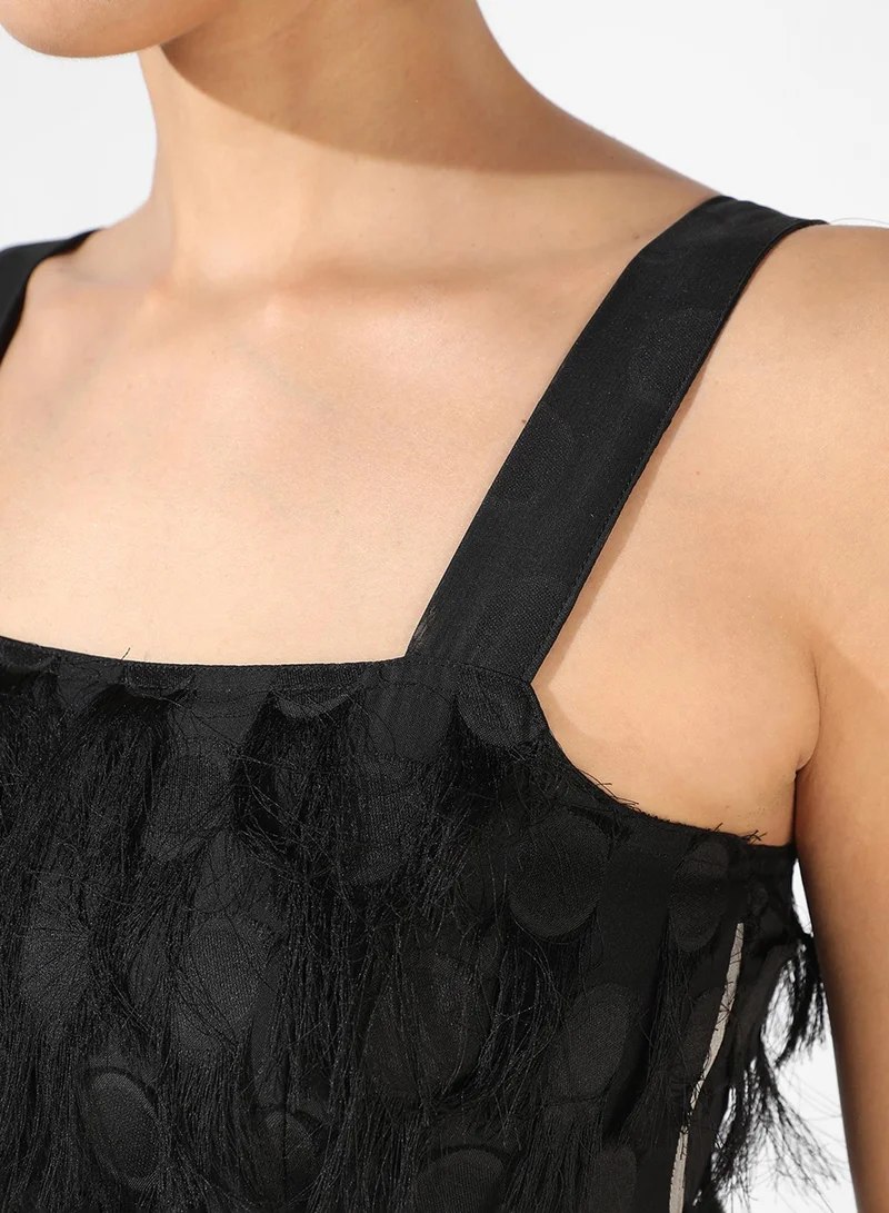 PINACOLADA Women's Midnight Black Fringe Co-Ord Set With Slit
