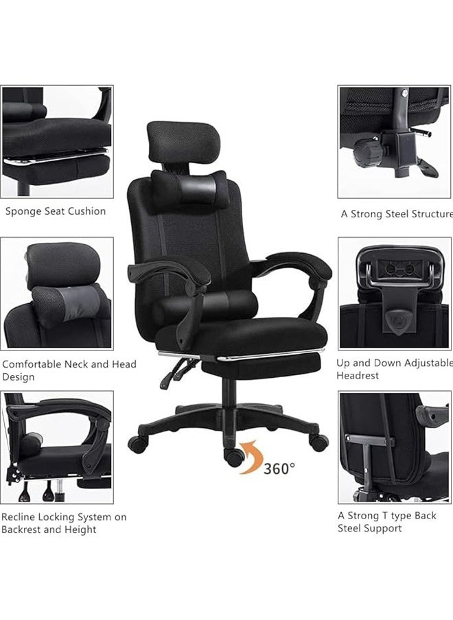 Generic - Ergonomic Home Office Chair Computer Mesh Chair Reclining Desk chair Adjustable head & back with Armrests Lumbar Footrest Support High Back with Breathable Mesh,Black - Image 1