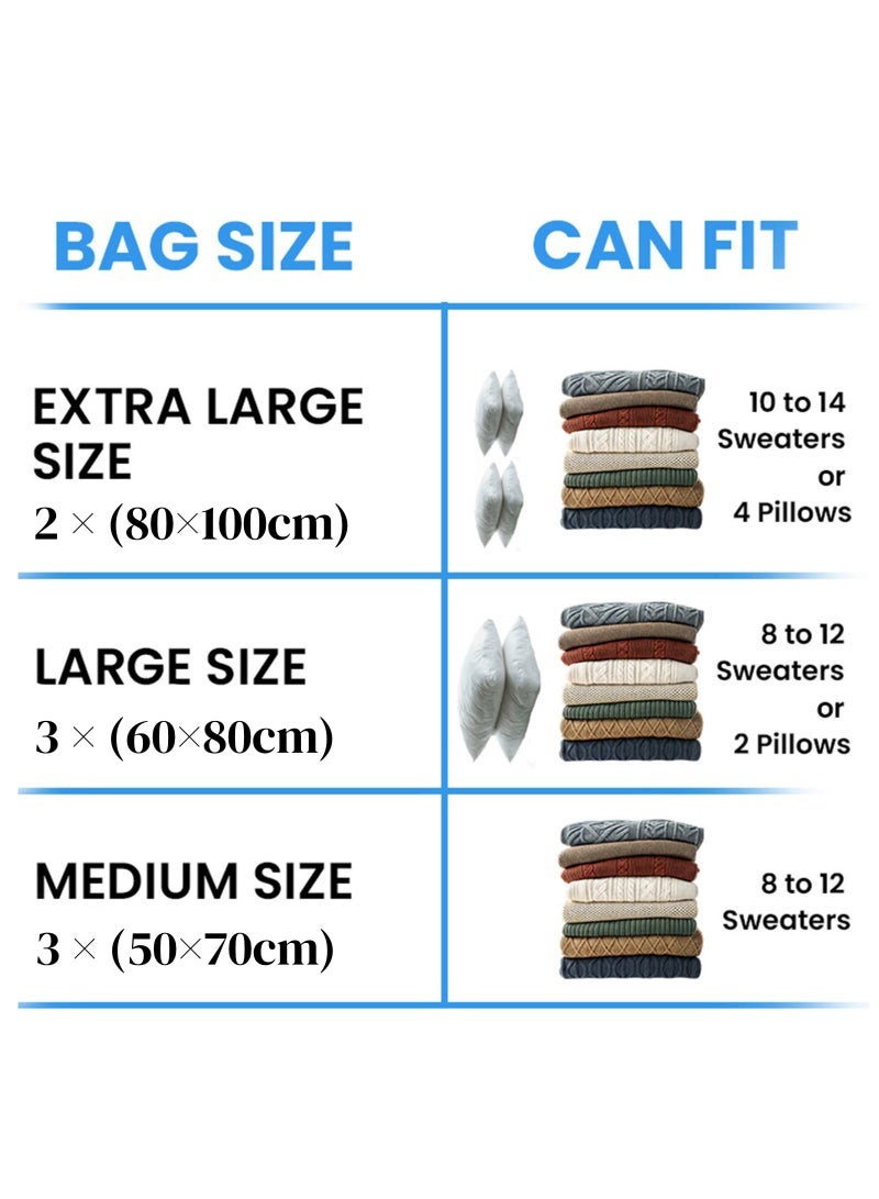 Ayshal 8-Pack Vacuum Storage Bags with Manual Pump, Space Saver Compression Bags for Clothes, Bedding, Duvets, Pillows & Travel – 2 XL (80×100cm), 3 Large (60×80cm), 3 Medium (50×70cm) - Image 3