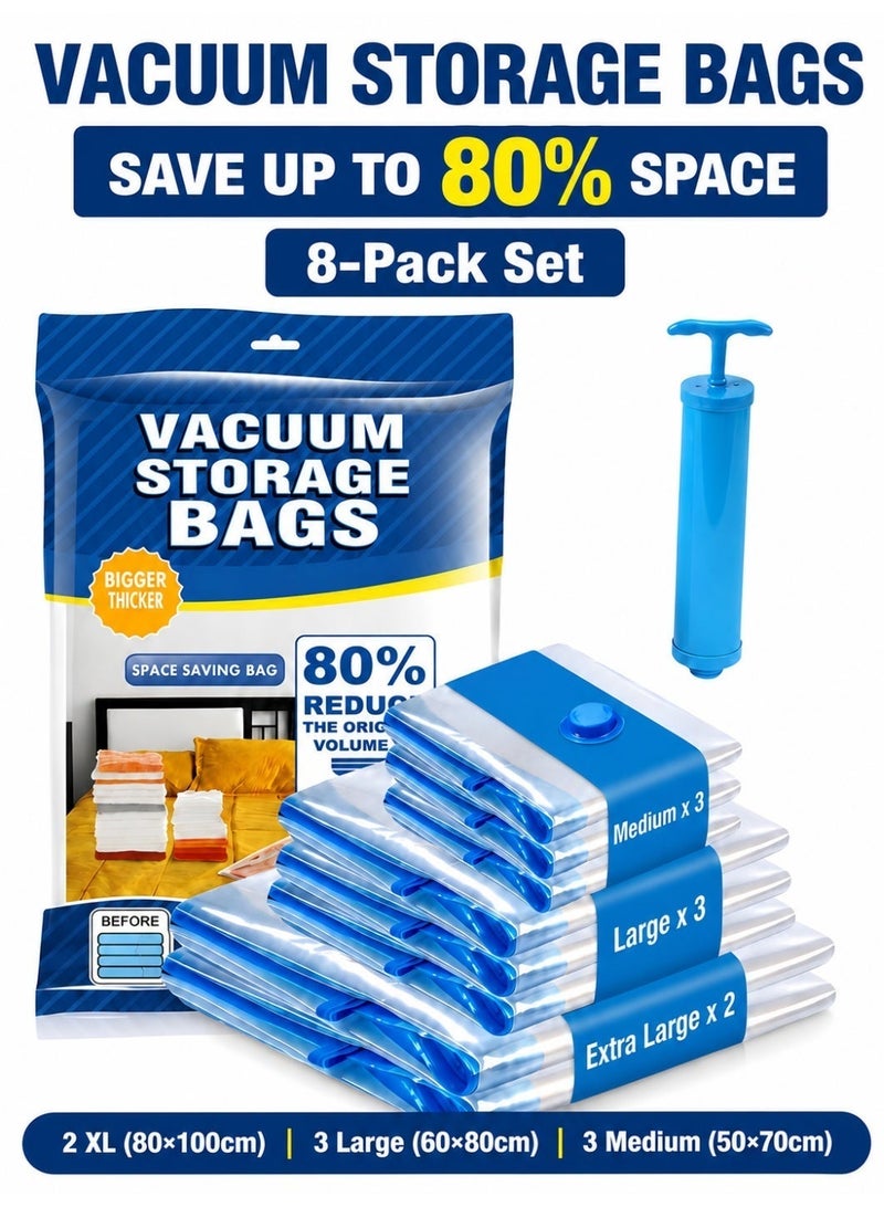Ayshal 8-Pack Vacuum Storage Bags with Manual Pump, Space Saver Compression Bags for Clothes, Bedding, Duvets, Pillows & Travel – 2 XL (80×100cm), 3 Large (60×80cm), 3 Medium (50×70cm) - Image 1