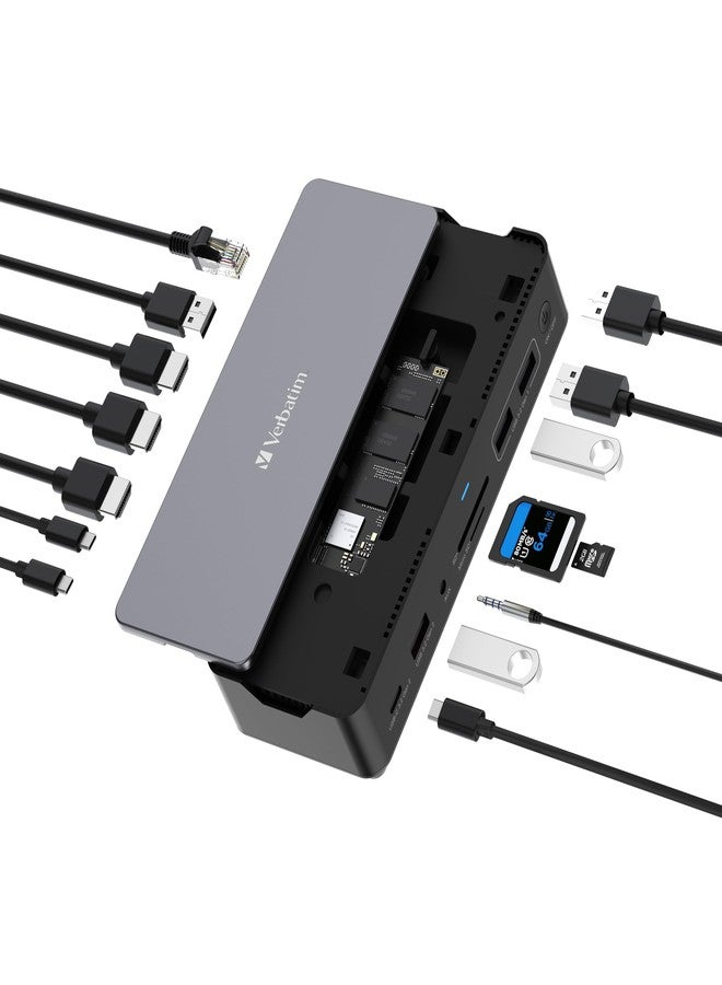 فيرباتيم محطة إرساء Verbatim USB-C Pro 15 في 1 مع حاوية SSD، منفذ USB-C إلى HDMI، منفذ DisplayPort، منفذ RJ45، منفذ USB-A إلى USB-A، منفذ USB-C PD، منفذ صوت، قارئ بطاقات SD وMicro SD لأجهزة Mac وWindows والكمبيوتر المحمول - Image 1