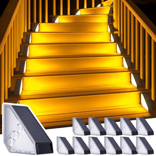 ROSHWEY Solar Step Lights for Outside, 12 Pack Solar Stair Lights Outdoor Waterproof, Triangle Deck Step Lights Solar Powered, Outdoor Decor Lighting for Front Porch, Backyard, Patio, Warm White - Image 1