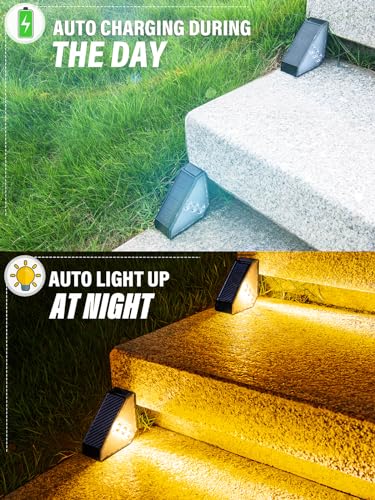 ROSHWEY Solar Step Lights for Outside, 12 Pack Solar Stair Lights Outdoor Waterproof, Triangle Deck Step Lights Solar Powered, Outdoor Decor Lighting for Front Porch, Backyard, Patio, Warm White - Image 5