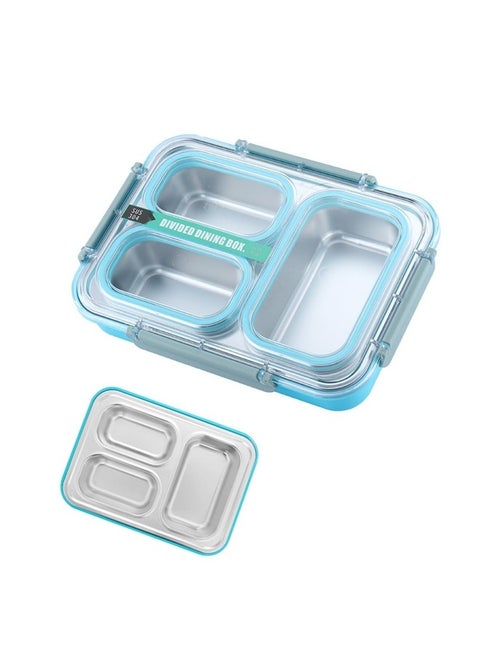 Stainless Steel Bento Lunch Box for Kids and Adults Leakproof Food Containers with 3 Compartments Reusable Airtight Lunch Container for School Office, Blue 1.2L