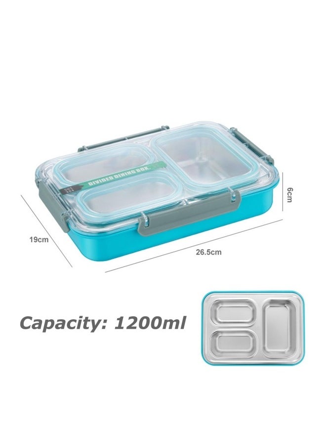 GGEROU - Stainless Steel Bento Lunch Box for Kids and Adults Leakproof Food Containers with 3 Compartments Reusable Airtight Lunch Container for School Office, Blue 1.2L - Image 1