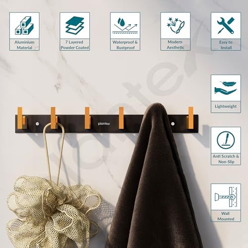 Plantex Aluminum Hook Rail with L-Shape Hook for Clothes Hanging/Hook Rail Bar for Clothes/Towel/Keys -Pack of 3 (6 Hooks/Black & Gold) - Image 4