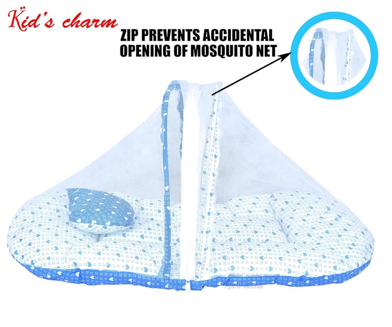 Kid's Charm Kids Charm Dotted Heart 2 PCS Combo Set 3 in 1 Babys Cotton Cum Carry Bed2 in 1 Babys Cotton Bed with Mosquito Net for 48 Months Blue - Image 5