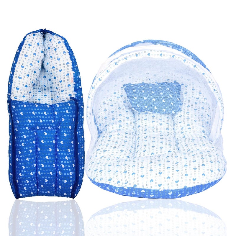 Kid's Charm Kids Charm Dotted Heart 2 PCS Combo Set 3 in 1 Babys Cotton Cum Carry Bed2 in 1 Babys Cotton Bed with Mosquito Net for 48 Months Blue - Image 1