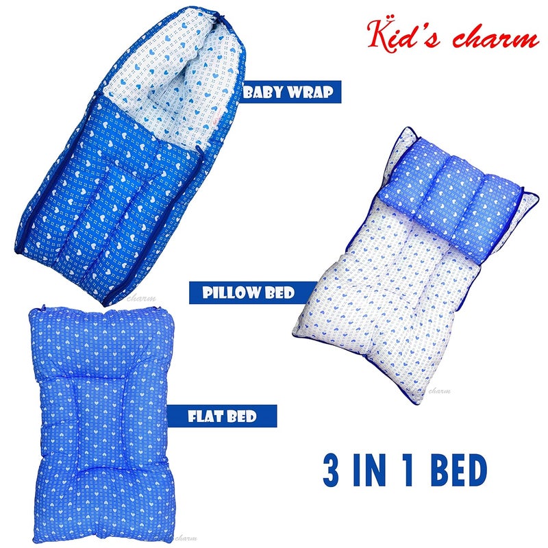 Kid's Charm Kids Charm Dotted Heart 2 PCS Combo Set 3 in 1 Babys Cotton Cum Carry Bed2 in 1 Babys Cotton Bed with Mosquito Net for 48 Months Blue - Image 2