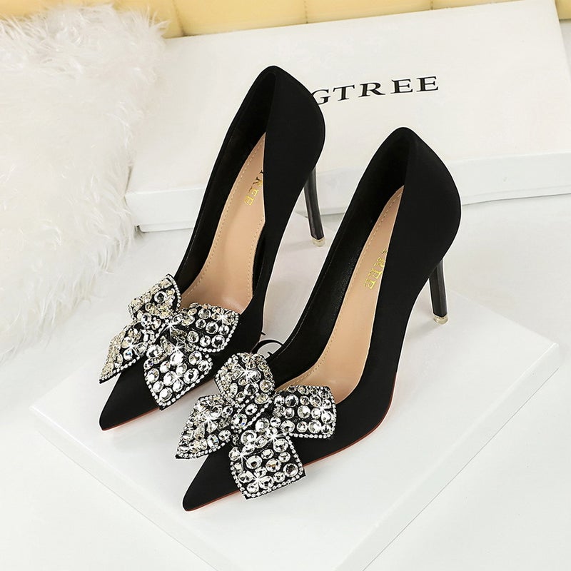 18249-H29 Style Banquet High Heels Stiletto Heel Shallow Mouth Pointed Satin Rhinestone Bow High Heel Shoes - Image 3