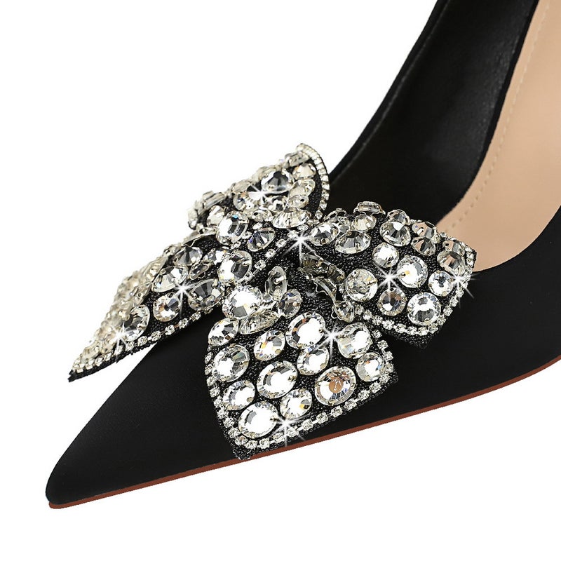 18249-H29 Style Banquet High Heels Stiletto Heel Shallow Mouth Pointed Satin Rhinestone Bow High Heel Shoes - Image 5