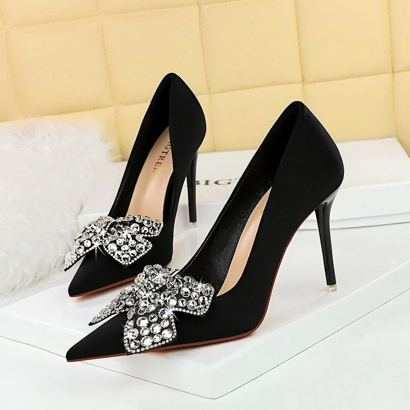 18249-H29 Style Banquet High Heels Stiletto Heel Shallow Mouth Pointed Satin Rhinestone Bow High Heel Shoes - Image 2