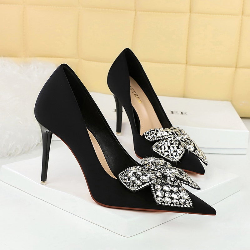 18249-H29 Style Banquet High Heels Stiletto Heel Shallow Mouth Pointed Satin Rhinestone Bow High Heel Shoes - Image 4