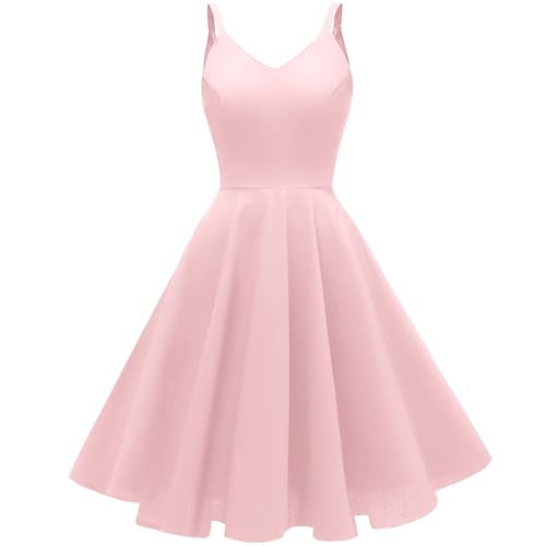 GOOBGS Women's 1950s Retro Vintage Spaghetti Strap Cocktail Swing Dresses with Pockets Pink S - Image 1