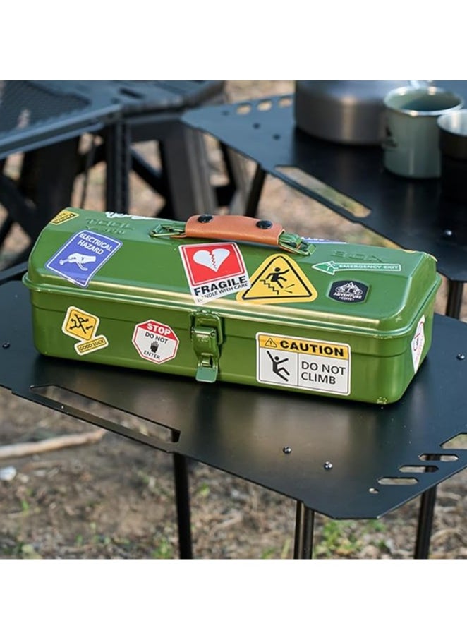 Outdoor Tool Storage Box Portable Camping Picnic Suitcase Metal Tool Storage Box Sundries Storage Box with Handle (Green Toolbox No Printing + Handguard + Small Sticker + Large Sticker + Lining)