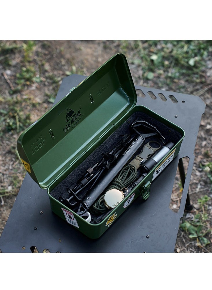 Outdoor Tool Storage Box Portable Camping Picnic Suitcase Metal Tool Storage Box Sundries Storage Box with Handle (Green Toolbox No Printing + Handguard + Small Sticker + Large Sticker + Lining)