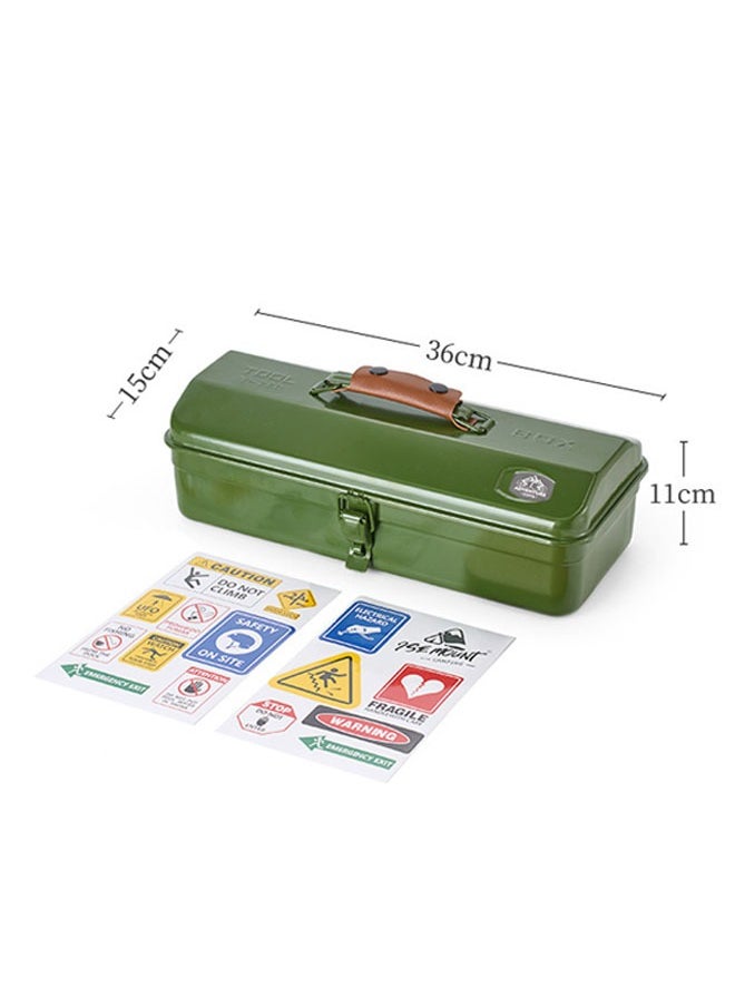 Outdoor Tool Storage Box Portable Camping Picnic Suitcase Metal Tool Storage Box Sundries Storage Box with Handle (Green Toolbox No Printing + Handguard + Small Sticker + Large Sticker + Lining)