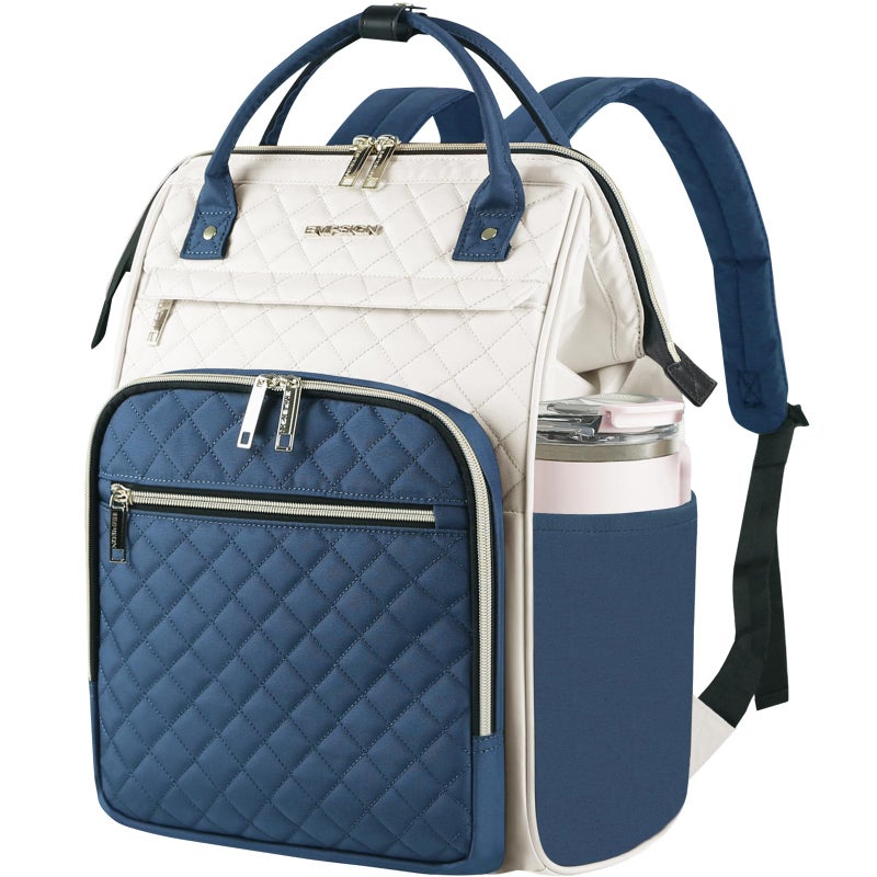 EMPSIGN 17 Inch Laptop Backpack for Women, Work Business Travel Computer College Bags, Large Capacity Water-repellent Quilted Casual Daypack with USB Port, Beige-Haze Blue - Image 1