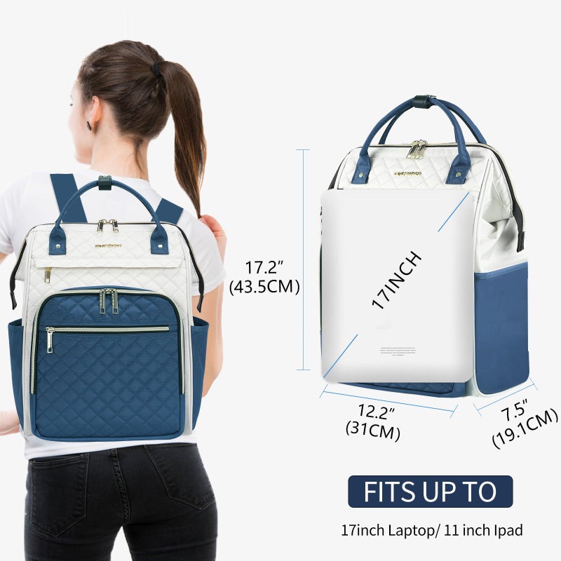 EMPSIGN 17 Inch Laptop Backpack for Women, Work Business Travel Computer College Bags, Large Capacity Water-repellent Quilted Casual Daypack with USB Port, Beige-Haze Blue - Image 2