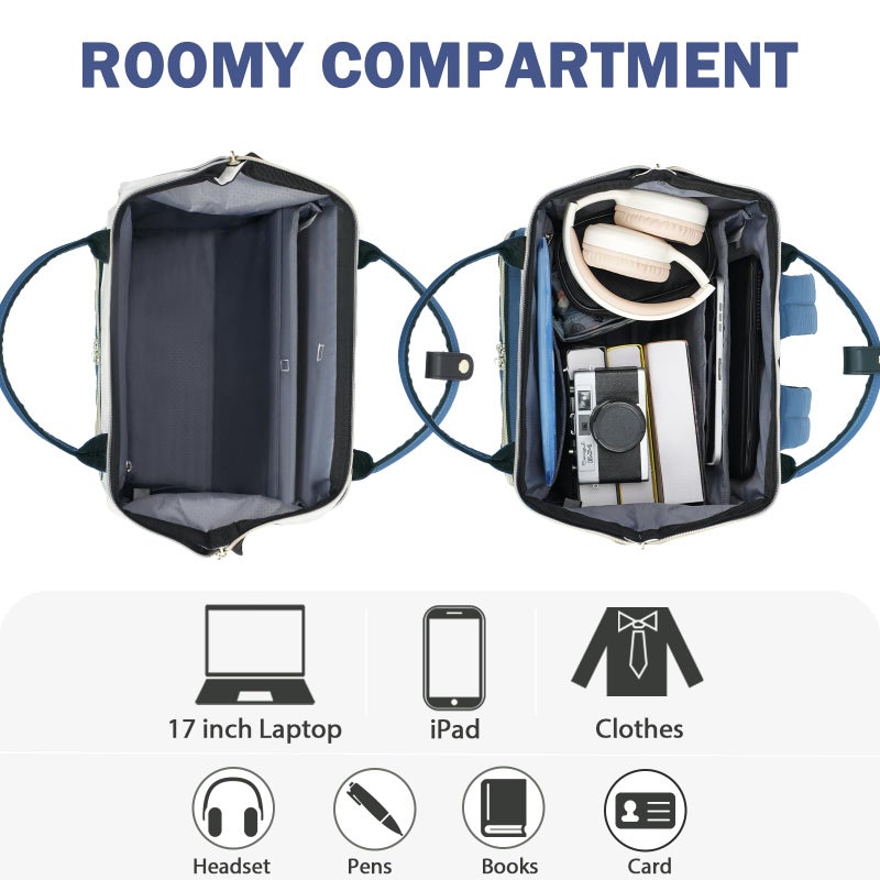 EMPSIGN 17 Inch Laptop Backpack for Women, Work Business Travel Computer College Bags, Large Capacity Water-repellent Quilted Casual Daypack with USB Port, Beige-Haze Blue - Image 3