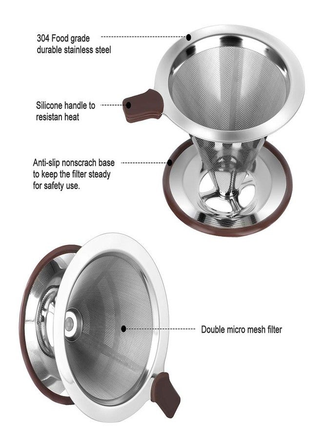RealPero Pour Over Coffee Dripper, Reusable Paperless Coffee Filter,Professional Stainless Steel Drip Cone Brew Coffee Strainer,Upgraded Double Micro Mesh Filter with Cup Stand,1-2 Cup - Image 3