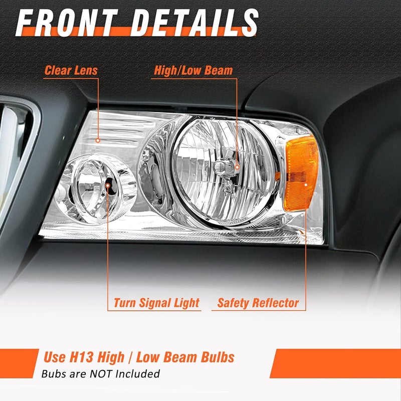 AXLAHA Headlight Assembly for 2004-2008 Ford F150 and 2006-2008 Lincoln Mark LT - Chrome Housing with Amber Reflector - Image 3