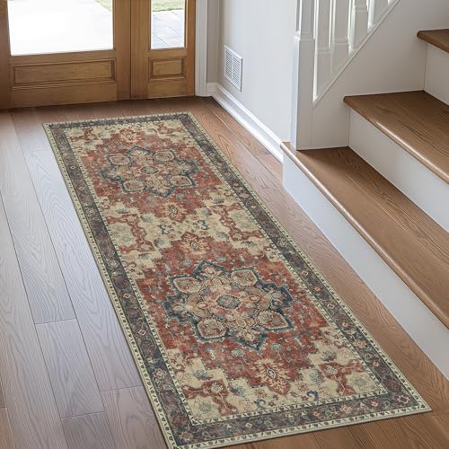 GENIMO 2x5 Runner Rugs for Hallway, Machine Washable Non Slip Vintage Rugs, Low Pile Lightweight Soft Print Rug for enrtyway, Corridor, Home Office, Kitchen, Bordeaux - Image 1