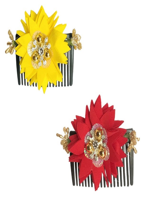 Arooman™ Acrylic Comb and Cloth Flower Hair side Comb/Clip Flower Design Juda Comb,For Women And Girls Pack -2, Color-Yellow,Red - Image 1