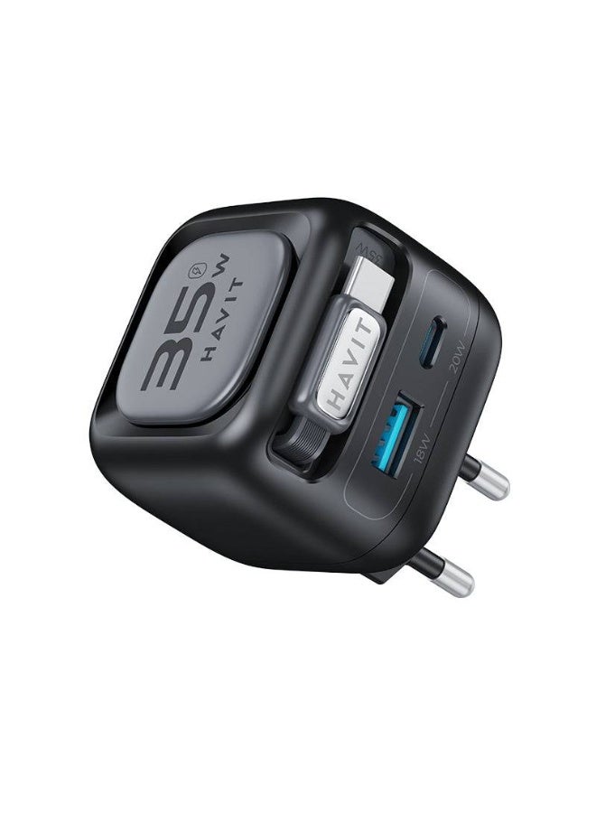 هافيت شاحن حائط HAVIT UC251 بتقنية GaN بقدرة 35 واط، مزود بكابل USB-C مدمج قابل للسحب بطول 70 سم، ومنفذي USB-C وUSB-A، يدعم الشحن السريع Power Delivery (PD)، تصميم مدمج بقابس أوروبي، متوافق مع iPhone وSamsung وiPad والأجهزة الداعمة لـ USB-C