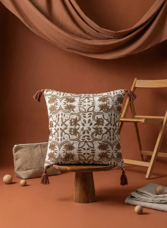 Sanskrutihomes Brown Ethnic Motifs Printed Cotton Cushion Cover With Tassel, Large
