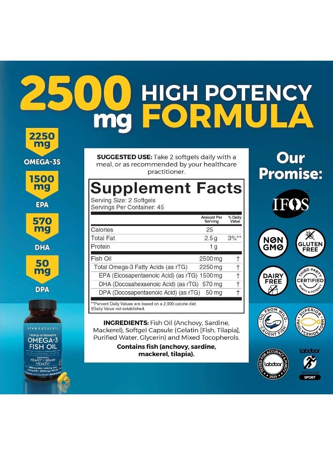 Viva Naturals Viva Naturals Highly Concentrated Fish Oil Supplement, 2,500mg Fish Oil/Serving (1500mg of EPA and 570mg of DHA) - 90 Capsules  - Image 2