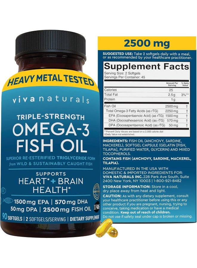 Viva Naturals Viva Naturals Highly Concentrated Fish Oil Supplement, 2,500mg Fish Oil/Serving (1500mg of EPA and 570mg of DHA) - 90 Capsules  - Image 1