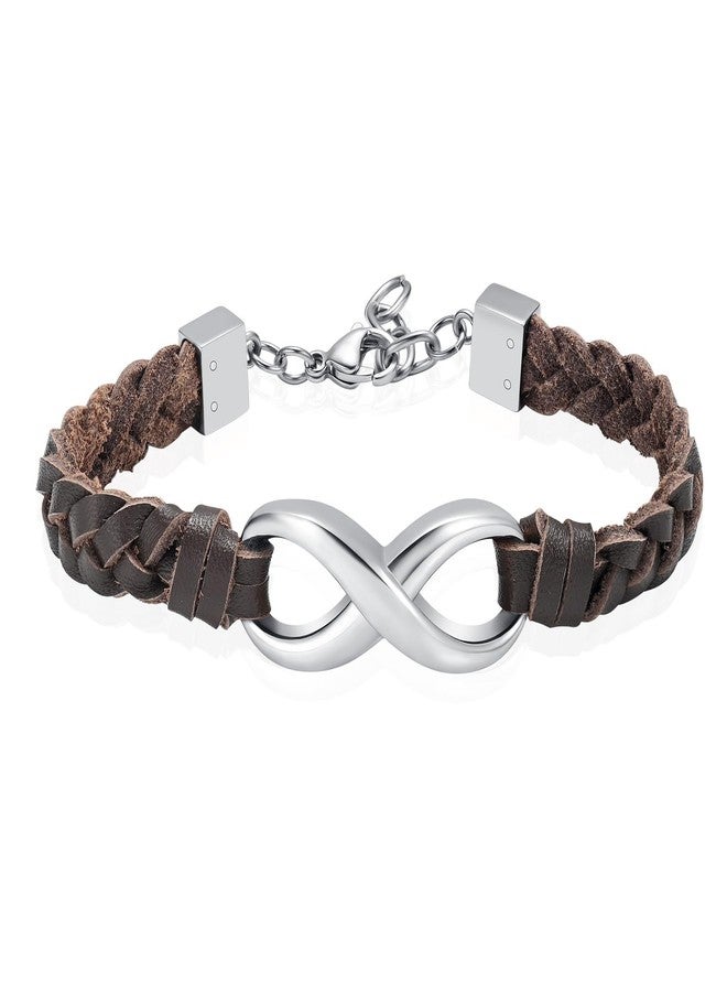Minicremation Infinity Cremation Bracelet for Ashes Genuine Leather Memorial Urn Bangle for Human Stainless Steel Keepsake Bracelet Jewelry for Women Men(Brown-Silver) - Image 1