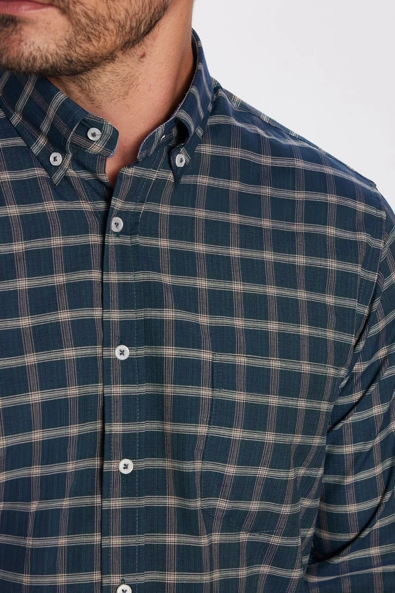 تودورس Classic Fit Long Sleeve Button Collar Small Checked Cotton Khaki Men's Shirt