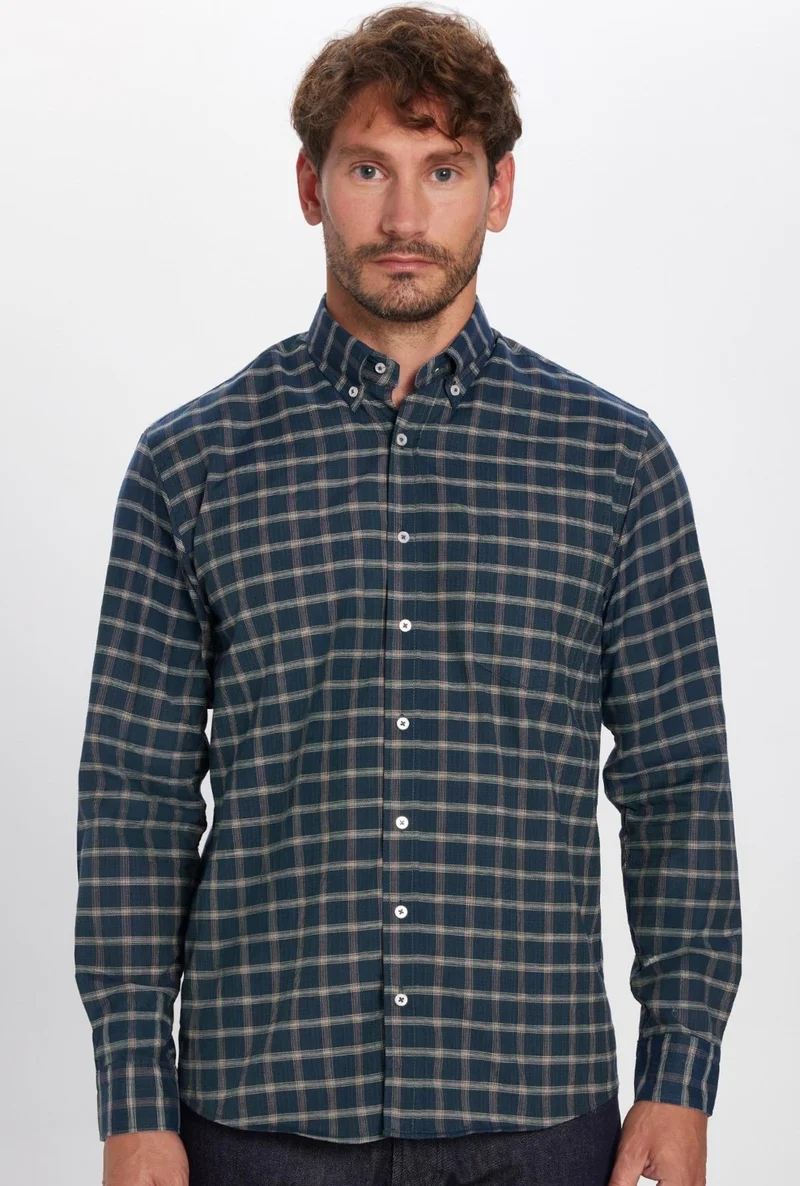 تودورس Classic Fit Long Sleeve Button Collar Small Checked Cotton Khaki Men's Shirt
