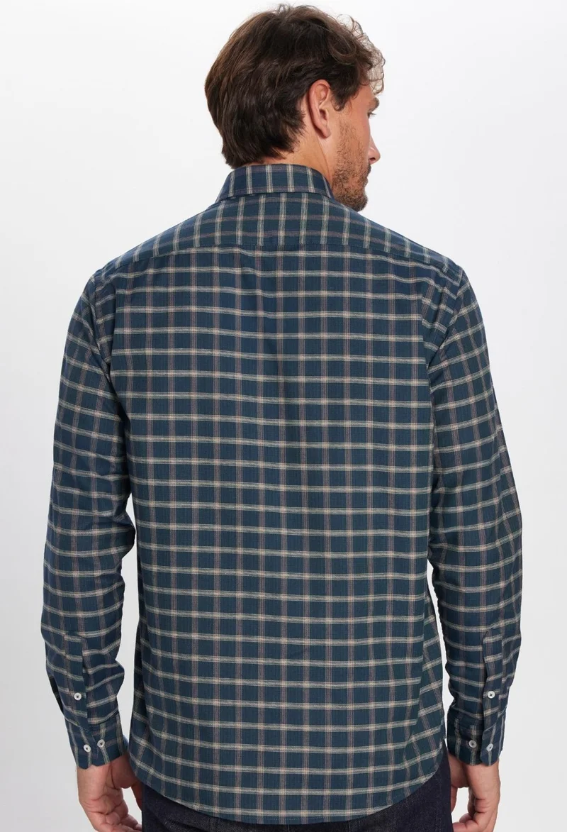 تودورس Classic Fit Long Sleeve Button Collar Small Checked Cotton Khaki Men's Shirt
