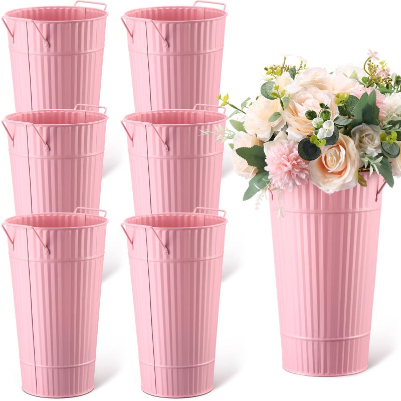 Layhit 6 Pcs 12 Inch Galvanized Flower Buckets Metal Flower Vases with Handle Farmhouse French Bucket Planter Floral Container for Flowers Wedding Bridal Shower Home Table DecorPink