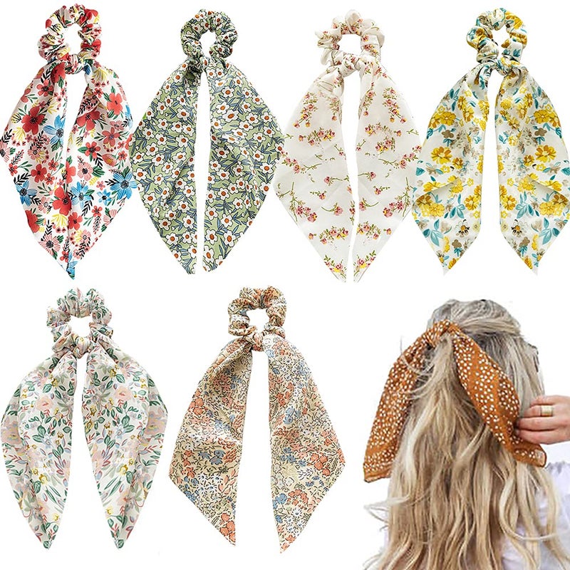 Chiffon Floral Scrunchies with Bowknot Hair Ties - 6 Pcs Bows, Elastic Ropes, Long Tails, and Hand Bands