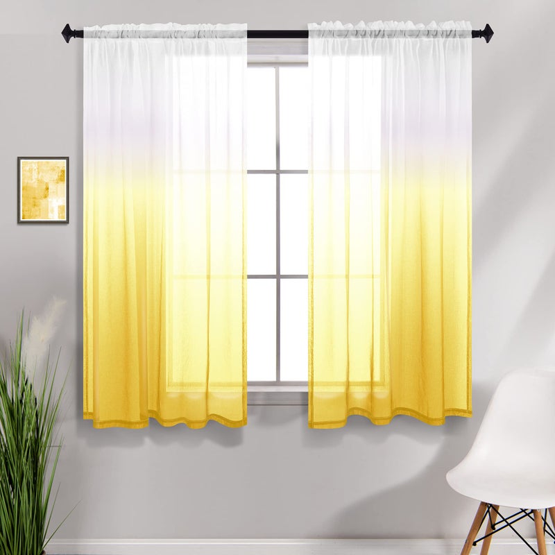 KOUFALL Yellow Curtains for Kitchen WindowCafe Curtains 45 Inch Length for Half Windows BathroomSet of 2 PanelsYellow and White