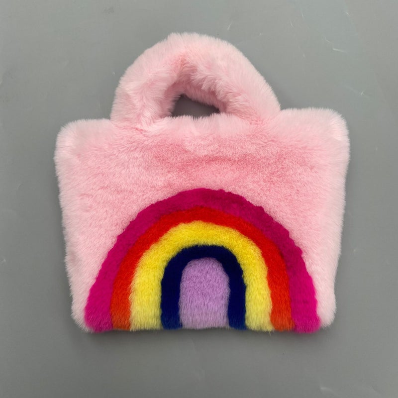 Faux Fur Rainbow Plush Tote Bag for Women Pink