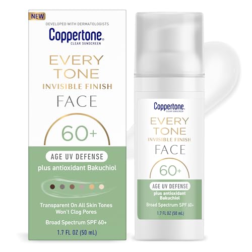 Coppertone كوبيرتون كل لون واقي شمس للوجه بلمسة غير مرئية حماية من الأشعة فوق البنفسجية SPF 60 مع باكوشيول خفيف الوزن يندمج في واقي الشمس الشفاف لجميع ألوان البشرة 17 أونصة سائلة زجاجة مضخة - Image 1