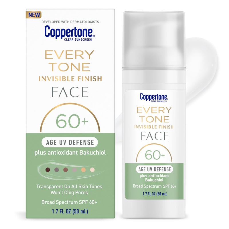Coppertone كوبيرتون كل لون واقي شمس للوجه بلمسة غير مرئية حماية من الأشعة فوق البنفسجية SPF 60 مع باكوشيول خفيف الوزن يندمج في واقي الشمس الشفاف لجميع ألوان البشرة 17 أونصة سائلة زجاجة مضخة - Image 3