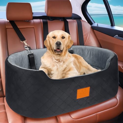 Feporen Dog Car Seat for Medium Dogs Up to 50 lbs, Pet Booster Seat for Cars SUVs and Trucks,Washable & Detachable Dog Car Bed with Safety Strap, Thick Cushion, Non-Slip Base(Black/Gray - Image 1