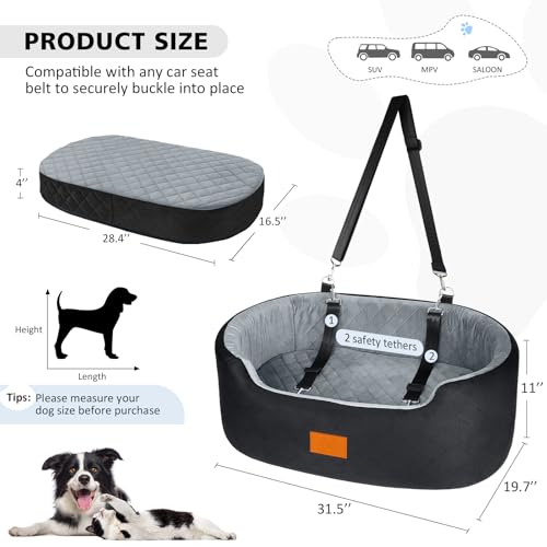 Feporen Dog Car Seat for Medium Dogs Up to 50 lbs, Pet Booster Seat for Cars SUVs and Trucks,Washable & Detachable Dog Car Bed with Safety Strap, Thick Cushion, Non-Slip Base(Black/Gray - Image 4