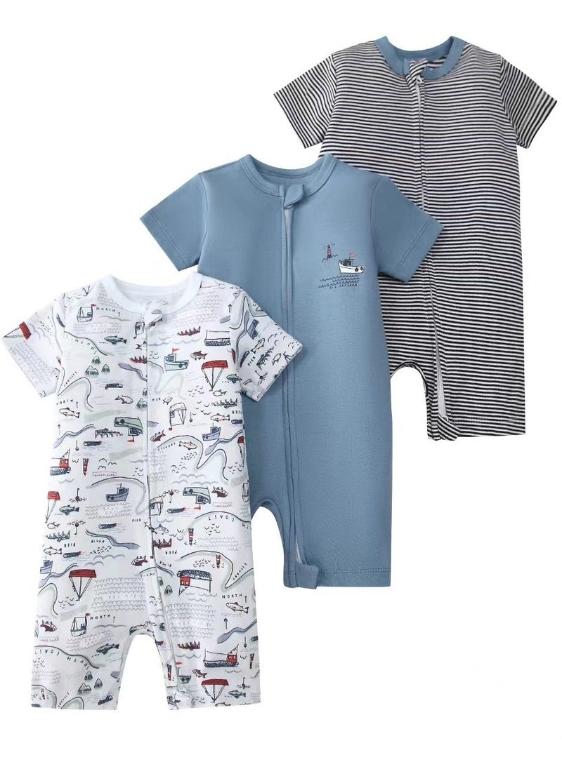 RedMapleTEK 3-Piece Set Of Pure Cotton Jumpsuits For Infants And Young Children With Short Sleeves And Crawling Clothes - Image 1