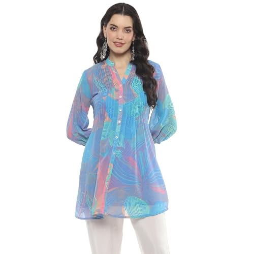 BIBA Women Polyester Straight Fit Printed Kurta Mix and Match(Tops & Tunics20194_Blue_32) - Image 1